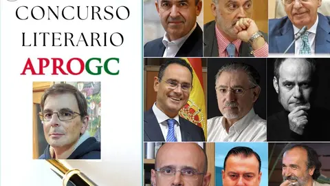 IV Premio novela corta APROGC. Cartel con ganador, miembros del jurado e intervinientes en la entrega del premio
