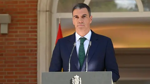 Pedro Sánchez, durante una declaración institucional en La Moncloa | Foto de Pool Moncloa/Borja Puig de la Bellacasa