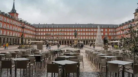 Madrid Spain on January 8, 2023 cityscape in decorated streets Christmas time. Plaza Mayor square.