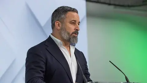 Santiago Abascal en rueda de prensa desde la sede de Vox | Foto de Vox