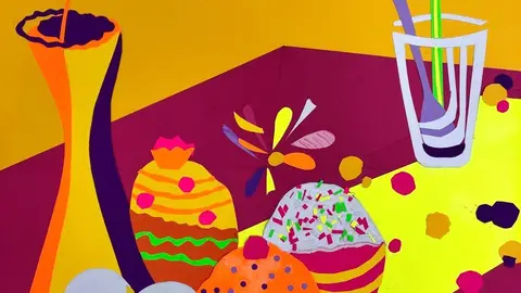 Dulces y flores. (Collage). El color de la fiesta , exposición de la artista Rosa Leal Arias - José Belló