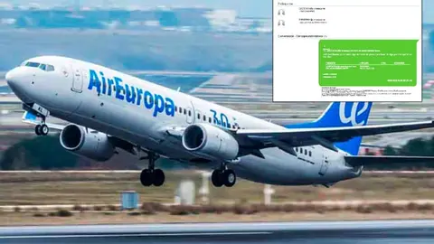 A la derecha, uno de los mensajes sobre el rescate de Air Europa y, de fondo, un avión de esta compañía