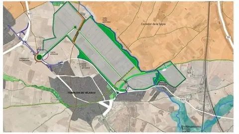 Delimitación del ámbito del PAR Ergón Logistic Parck A-42 comparado con la superficie urbana de Torrejón de Velasco