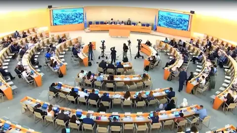 Javier María Pérez-Roldán, letrado y secretario de Hazte Oír, durante la comparecencia hoy ante la ONU