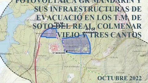 Portada del Borrador de Plan Especial de Infraestructuras para la implantación de planta fotovoltaica GR Mandarín y su s infraestructuras de evacuación de los T.M. de Soto del Real, Colmenar Viejo y Tres Cantos - Comunidad de Madrid