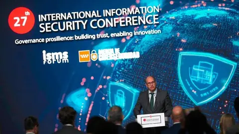 El consejero López-Valverde, durante la presentación de la 27º edición de las jornadas de ISMS Forum sobre el futuro de la ciberseguridad- Foto Comunidad de Madrid
