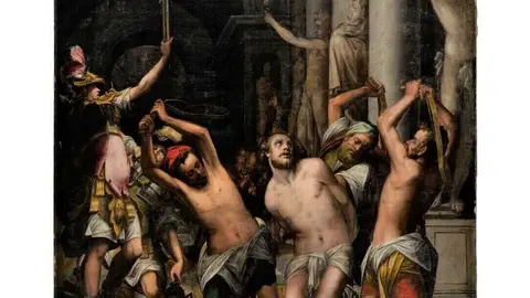 Pintura, &oacute;leo sobre lienzo., &ldquo;La Flagelaci&oacute;n de Cristo&rdquo;, ANGELINO MEDORO, S. XVI, 245 x 202,5 cm., firmado y fechado en la parte inferior derecha: "MEDORVS ANGELINVS/ROMANVS. FACIEBAT. A.D. 1586"