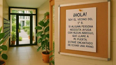 Cartel ofreciendo ayuda en el interior del portal de una comunidad - Foto de la ONCE