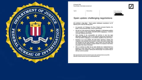 A la izquierda el logotipo de FBI y a la derecha el documento de Epstein sobre S&aacute;nchez - Foto del Gobierno de EEUU