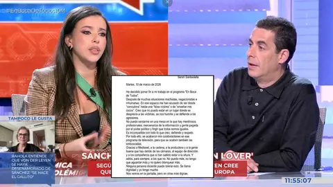 Sarah Santaolalla y Antonio Naranjo en el programa de televisi&oacute;n En Boca de Todos - Imagen de Cuatro durante la retransmisi&oacute;n y comunicado de Sarah de abandono del programa