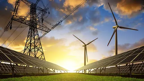 Torres de alta tensi&oacute;n y molinos y placas solares - Foto de la CNMC