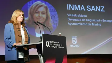 Sanz, durante su participaci&oacute;n en el III Congreso de Seguridad en Espacios P&uacute;blicos, celebrado en el Palacio de Cibeles