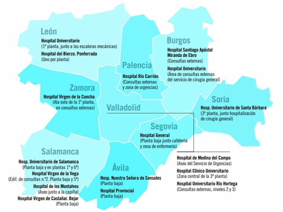 Mapa de la ubicación de los 27 aseos en la red hospitalaria de Sacyl - Imagen de Consejería de Sanidad de Castilla y León