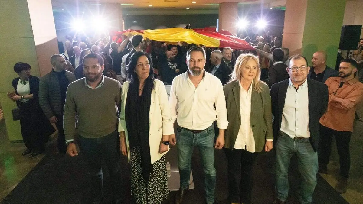 Ignacio Garriga, Amaia Martínez, Santiago Abascal, María Pérez y Andrés Paramio en Vitoria - Foto de Vox