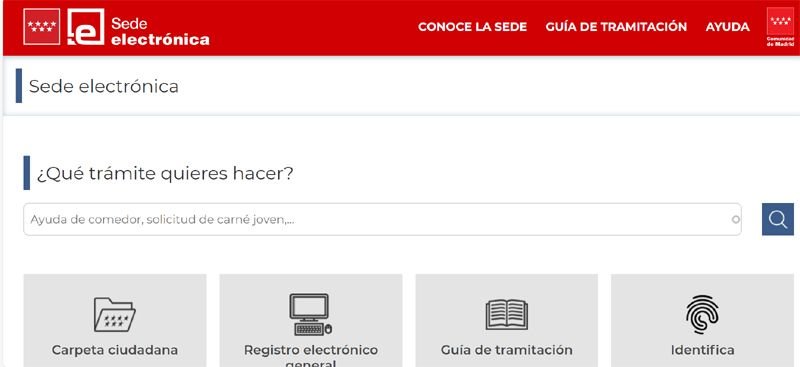 Pabtallazo del portal web de la sede electrónica de la Comunidad de Madrid
