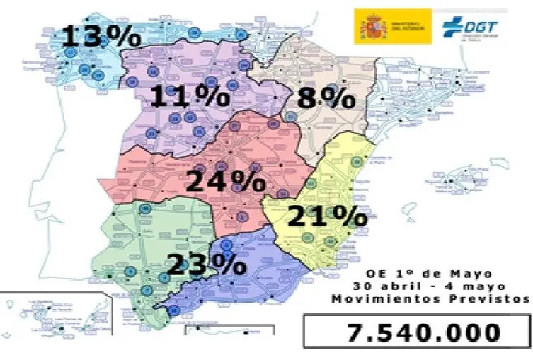Mapa de España con la previsión de viajes por carretera en el puente del 1 de mayo - DGT