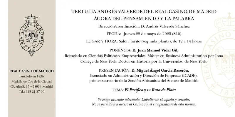 El Real Casino de Madrid acoge una nueva edición de la Tertulia Andrés Valverde con una ponencia sobre el Pacífico