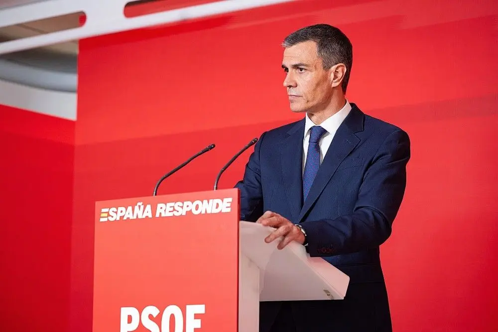 Pedro Sánchez durante su comparecencia el pasado jueves en la sede de Ferraz | Foto de PSOE