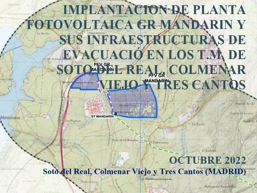 Portada del Borrador de Plan Especial de Infraestructuras para la implantación de planta fotovoltaica GR Mandarín y su s infraestructuras de evacuación de los T.M. de Soto del Real, Colmenar Viejo y Tres Cantos - Comunidad de Madrid