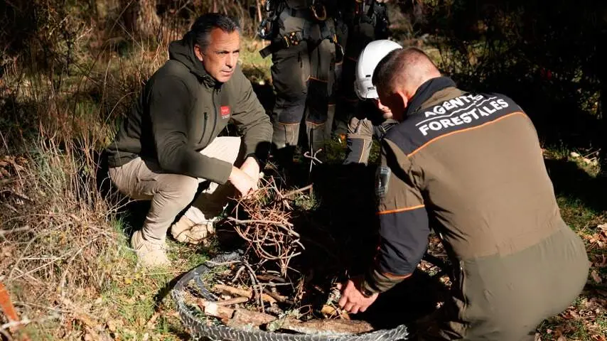 El consejero Novillo, supervisando los trabajos realizados por el Grupo de Intervención en Altura del Cuerpo de Agentes Forestales (GIAM) - Foto Comunidad de Madrid