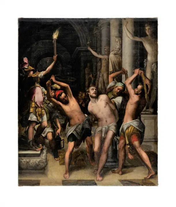 Pintura, &oacute;leo sobre lienzo., &ldquo;La Flagelaci&oacute;n de Cristo&rdquo;, ANGELINO MEDORO, S. XVI, 245 x 202,5 cm., firmado y fechado en la parte inferior derecha: "MEDORVS ANGELINVS/ROMANVS. FACIEBAT. A.D. 1586"