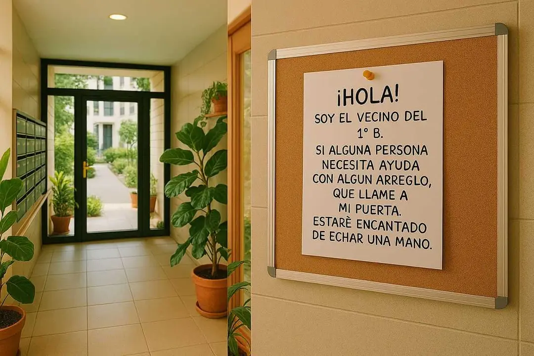 Cartel ofreciendo ayuda en el interior del portal de una comunidad - Foto de la ONCE