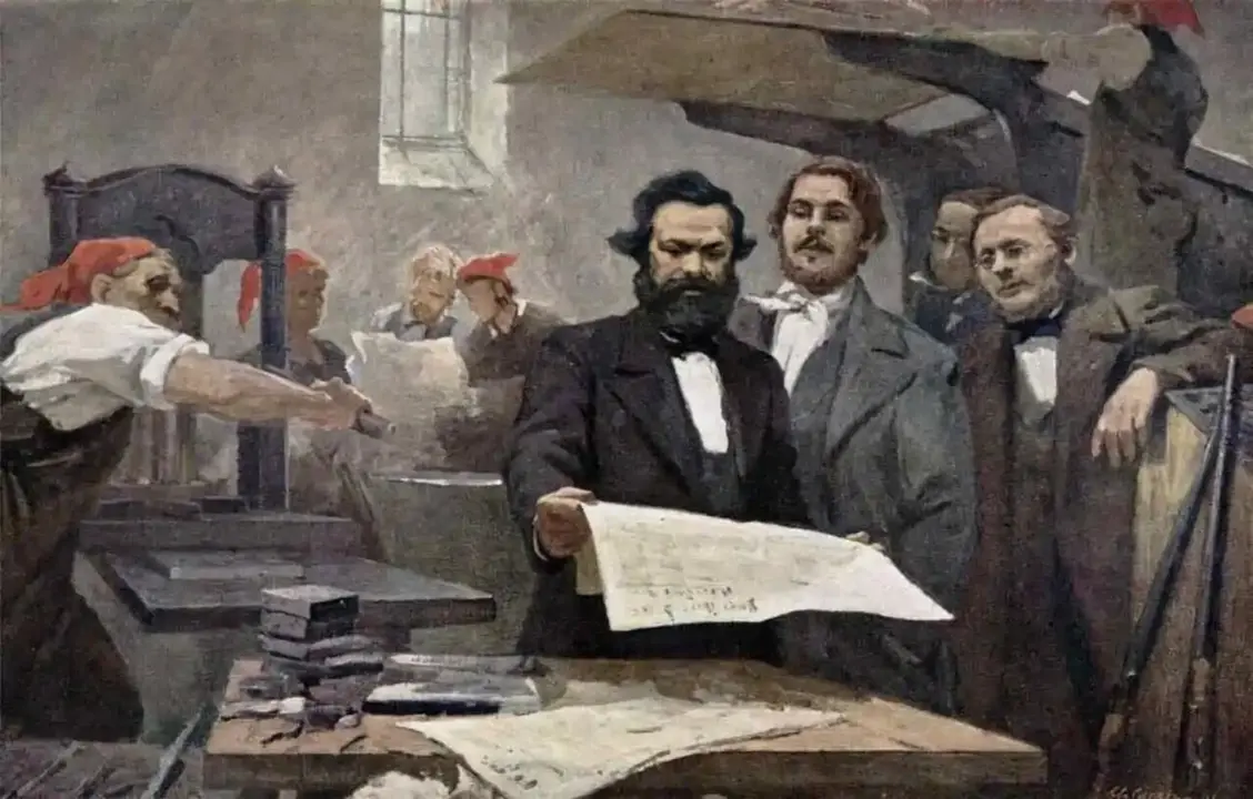 Marx y Engels en la imprenta de la 'Nueva Gaceta Renana'. Foto: Wikimedia Commons