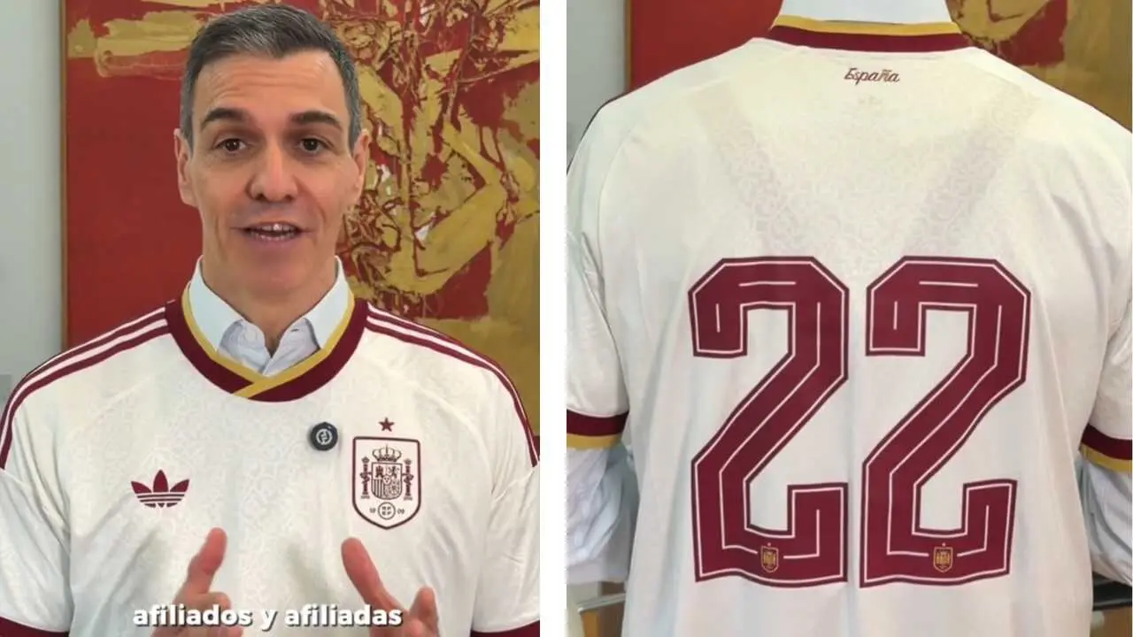 Pedro S&aacute;nchez en el v&iacute;deo publicado en redes sociales con la camiseta de la Selecci&oacute;n Espa&ntilde;ola de F&uacute;tbol para celebrar los 22 millones de afiliados a la Seguridad Social