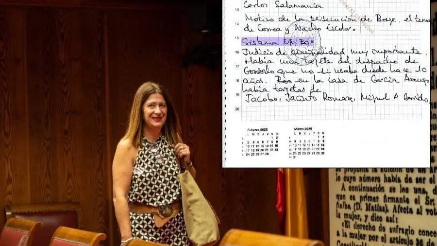En la imagen, de fondo, Leire D&iacute;ez antes de una comparecencia en el Senado y, a la izquierda, parte de la agenda con una alusi&oacute;n al sistema de escuchas 'Egobox' | Foto de Senado/Servimedia