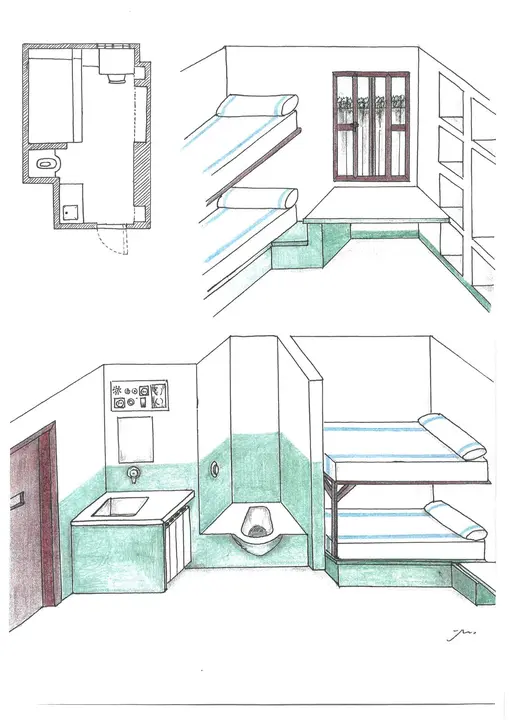Dibujo de una celda realizado por un interno en el I Certamen de dibujo Dentro y fuera IN  Out 2024