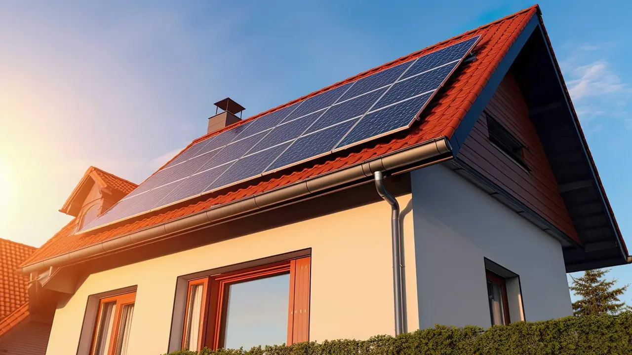 Casa con paneles solares y sistema de energ&iacute;a solar - Foto de Charliepix