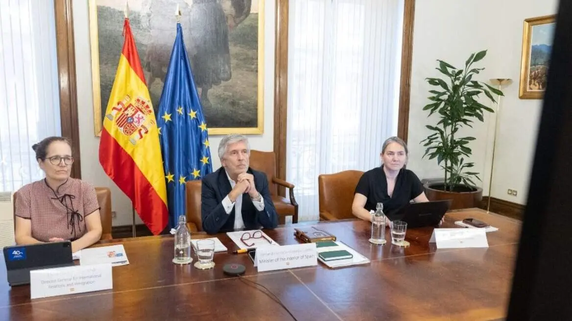 Fernando Grande-Marlaska, durante su intervenci&oacute;n en la videoconferencia - Foto Ministerio del Interior