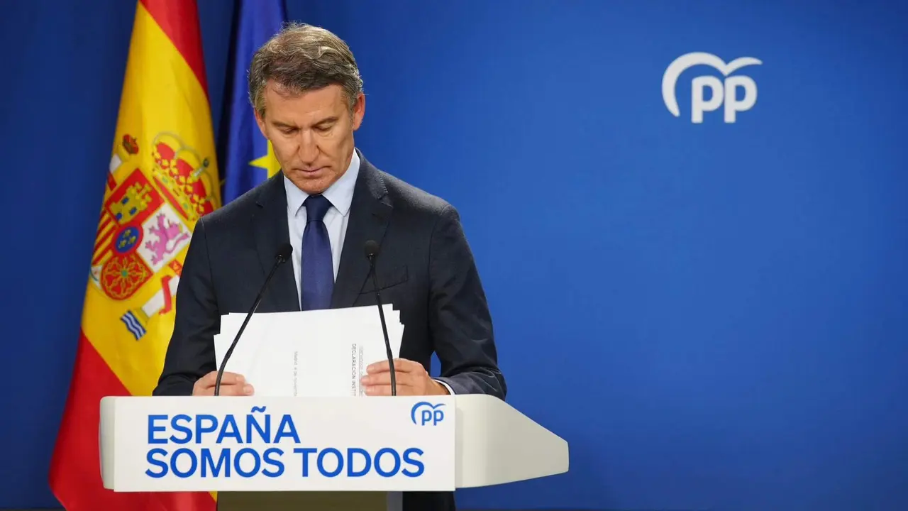 Alberto N&uacute;&ntilde;ez Feij&oacute;o declaraci&oacute;n institucional en la sede nacional del PP - Foto del PP/David Mudarra