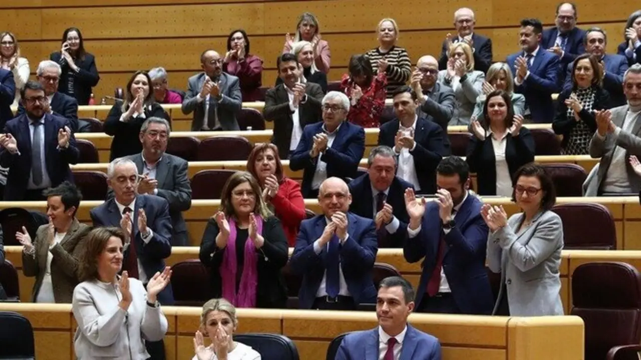 Pedro S&aacute;nchez es aplaudido por su bancada en la sesi&oacute;n de control al Gobierno celebrada en el Senado | Foto de Pool Moncloa/Fernando Calvo