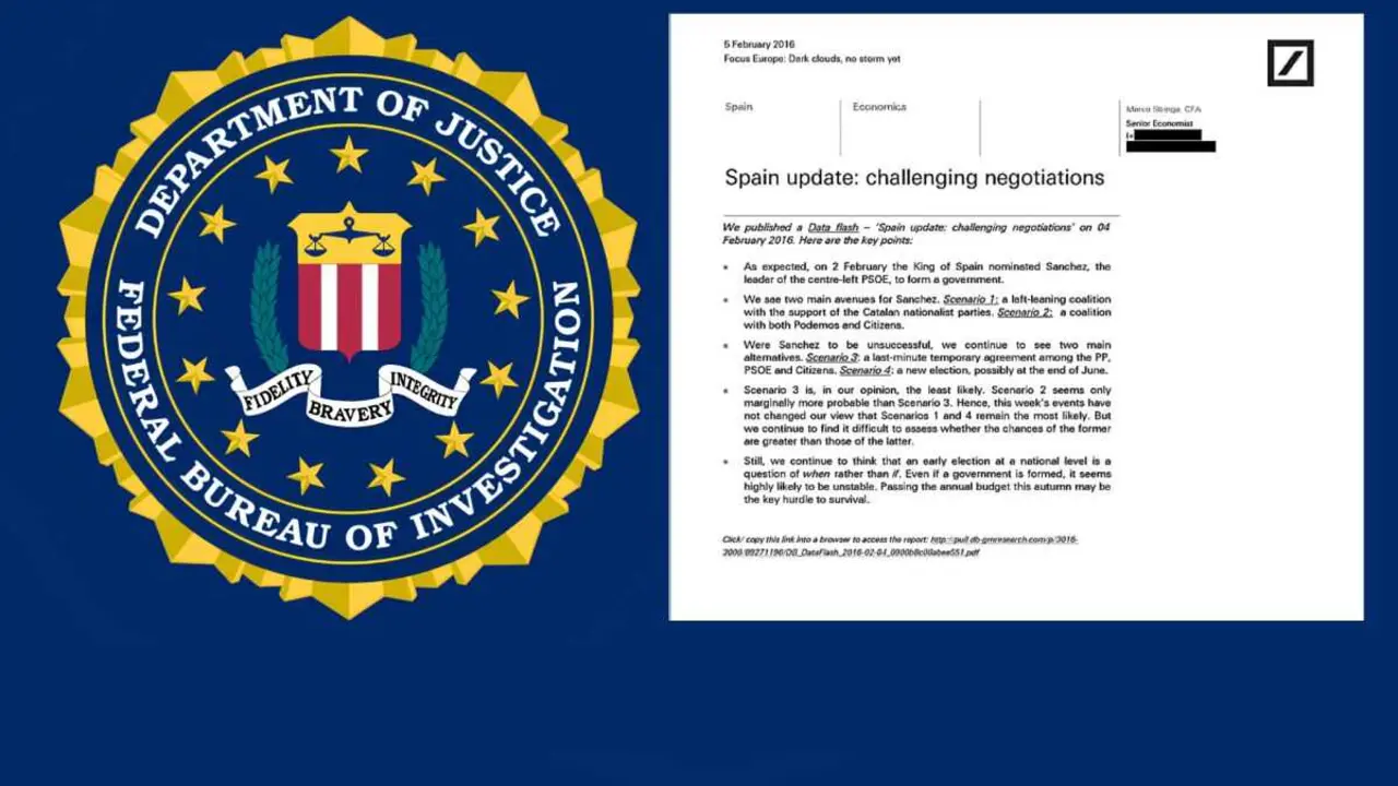 A la izquierda el logotipo de FBI y a la derecha el documento de Epstein sobre S&aacute;nchez - Foto del Gobierno de EEUU