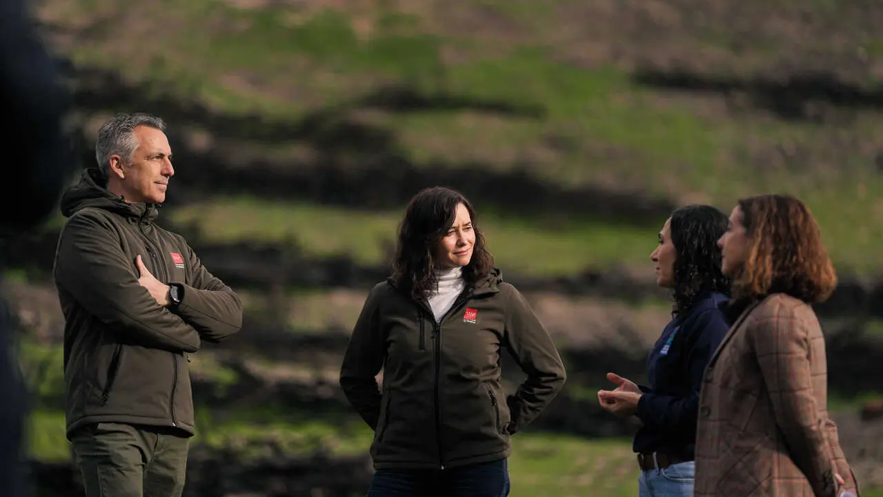Isabel D&iacute;az Ayuso, supervisando  los trabajos de recuperaci&oacute;n del Monte de Vi&ntilde;uelas - Foto Comunidad de Madrid