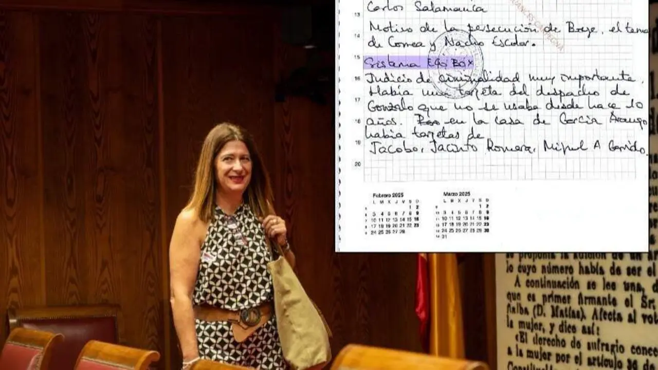 En la imagen, de fondo, Leire D&iacute;ez antes de una comparecencia en el Senado y, a la izquierda, parte de la agenda con una alusi&oacute;n al sistema de escuchas 'Egobox' | Foto de Senado/Servimedia