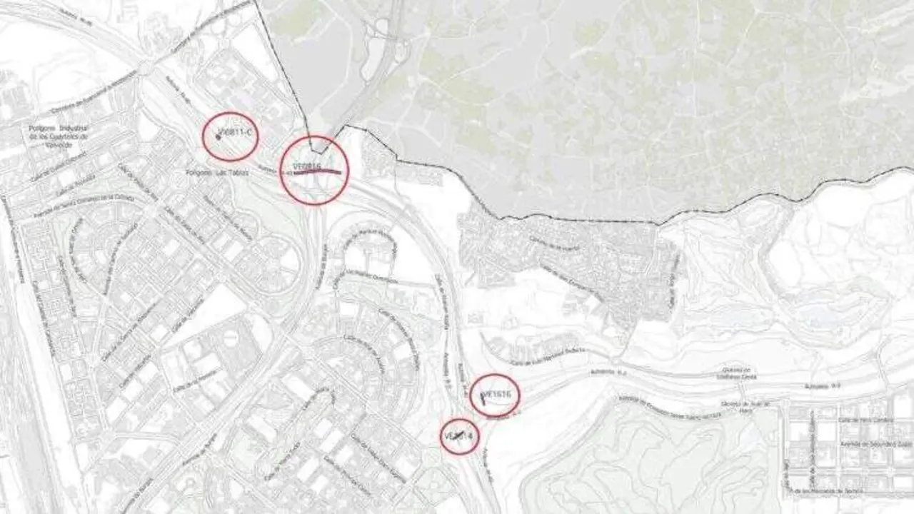 Plano de las cuatro estructuras del ramal que conecta Sanchinarro con la v&iacute;a de servicio de la M-40 en sentido norte
