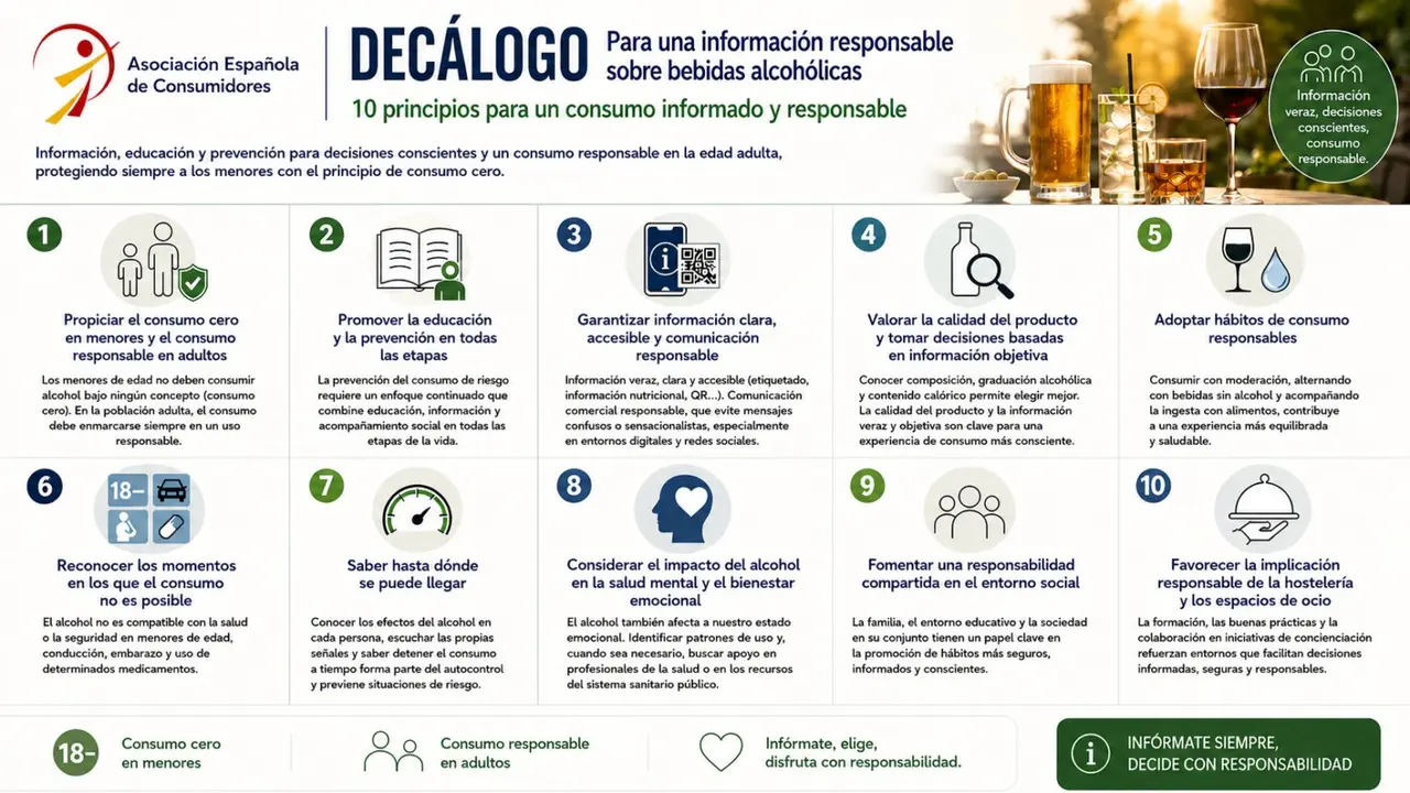 Consumo cero en menores y pautas para adultos: el dec&aacute;logo de la Asociaci&oacute;n Espa&ntilde;ola de Consumidores para un uso responsable del alcohol - Imagen de la Asociaci&oacute;n Espa&ntilde;ola de Consumidores
