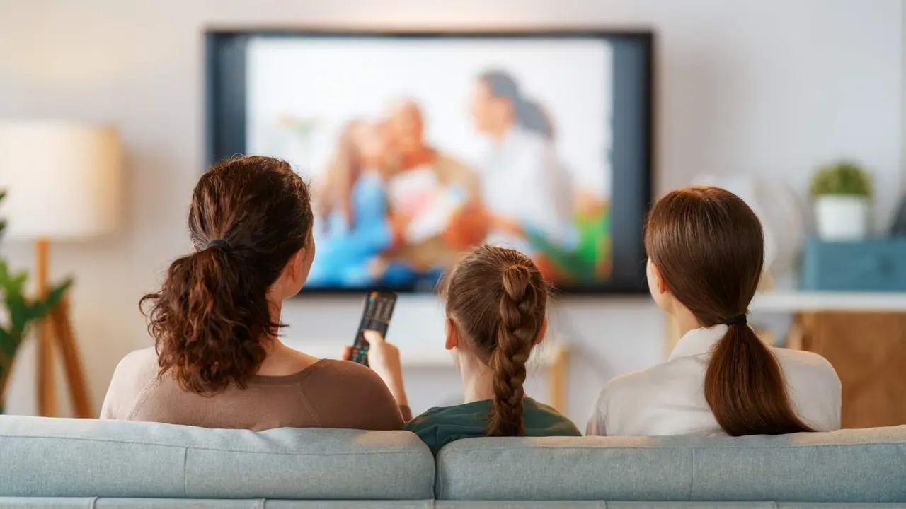 Madre con sus hijas viendo la televisi&oacute;n en el sal&oacute;n - Foto de Yuganov Konstantin (@yuganovkonstantin)