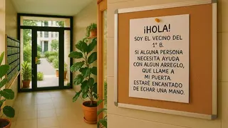 Cartel ofreciendo ayuda en el interior del portal de una comunidad - Foto de la ONCE