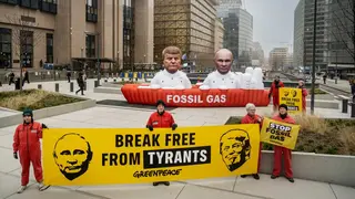 Un momento de la acci&oacute;n de Greenpeace hoy frente a la sede del Consejo de la UE en Bruselas (B&eacute;lgica) - Foto de Eric de Mildt/Greenpeace