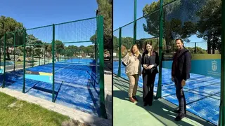La alcaldesa, Lola Moreno y los concejales de Deportes, Alejandro N&uacute;&ntilde;ez y de Medio Ambiente, Laura Romero en las pistas nuevas de p&aacute;del en Majadahonda Parque Cerro del Aire - Foto del Ayuntamiento de Majadahonda