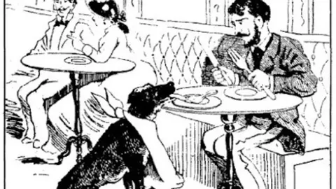 Grabado de la época representando al Perro Paco y al marqués de Bogaraya / Taxidermidades