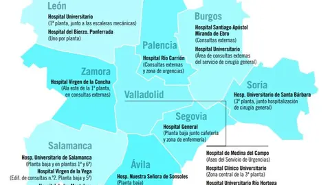 Mapa de la ubicación de los 27 aseos en la red hospitalaria de Sacyl - Imagen de Consejería de Sanidad de Castilla y León