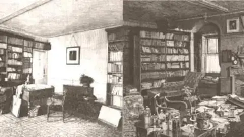 Fotografía (izquierda) y grabado (derecha) que muestran las estanterías del estudio del naturalista Charles Darwin - Imágenes de Darwin Online