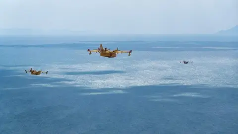 Aviones anfibios para extinguir incendios forestales sobrevuelan en el aire | Foto de Miteco