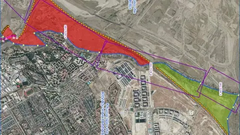 En puntos naranjas la nueva frontera, en verde la cesión a Madrid, en rojo la cesión a Rivas y con línea azul el límite actual | Foto de Ayuntamiento de Madrid