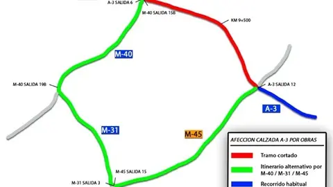 Plano del tramo que quedará cortado y los itinerarios alternativos por la A-3 a la altura de Santa Eugenia (Madrid) | Imagen de DGT