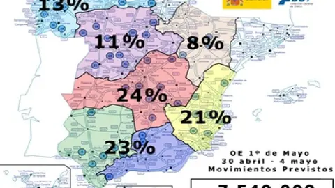 Mapa de España con la previsión de viajes por carretera en el puente del 1 de mayo - DGT